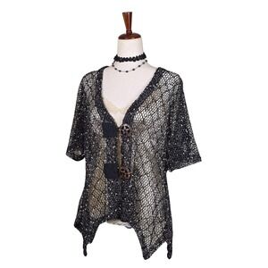 VTG Whimsigoth Mesh Sheer Crochet Top Fairy Asymmetrical Rag Hem XL Black